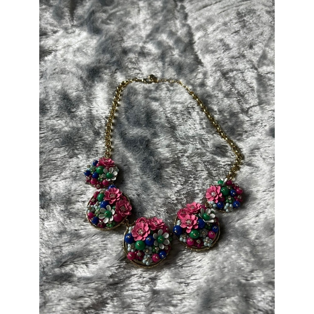 Talbots Floral Statement Necklace Multicolor Enamel Rhinestone Gold Tone Bib - Picture 7 of 8